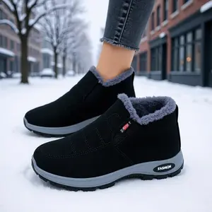 Women's Black Faux Fur Lined Winter Ankle Boots |   Non-Slip Sole Slip-On Warm Boots - All-Season Outdoor/Daily Comfort Fashion Snow Boots
