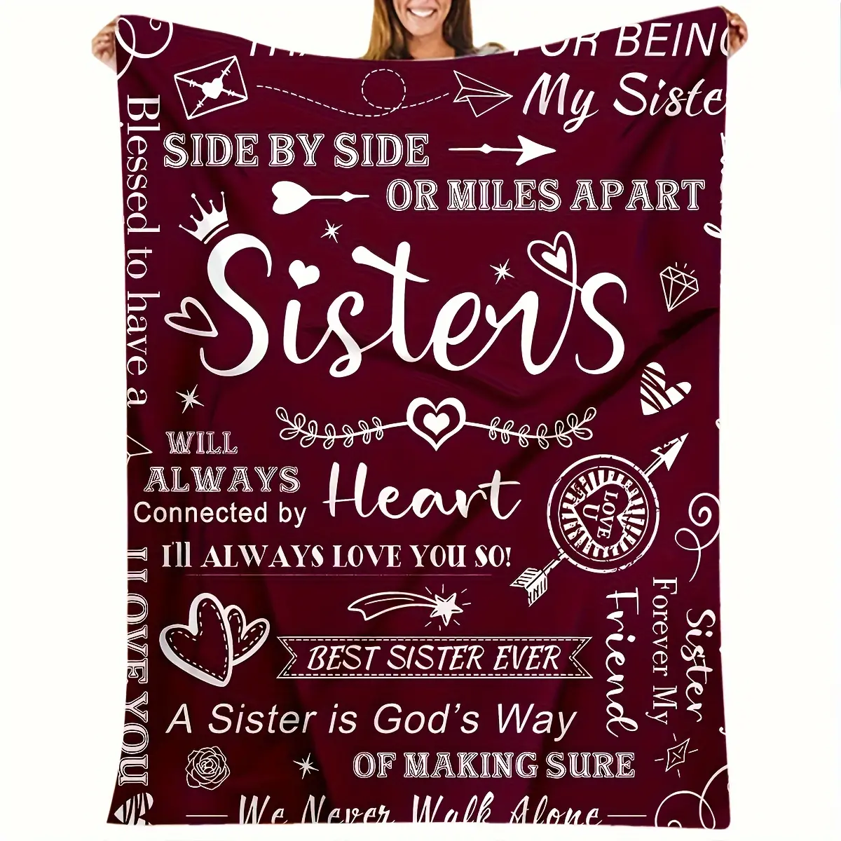 Heartfelt Sister's Gift - Soft & Cozy Maroon Flannel Throw Blanket with Inspirational Messages, Reversible Design for All Seasons Perfect Birthday or Christmas Present, Christmas Blanket