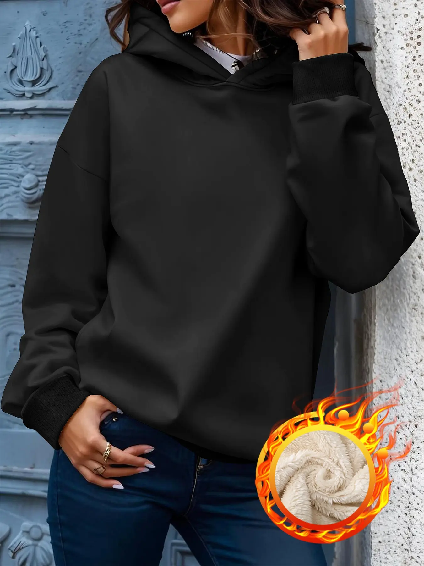 Women's Winter Warm Hoodie, Casual Fitted Plain Lamb Wool Sweatshirt, Thickened Plush Lining, Fashionable Cold Weather Clothing