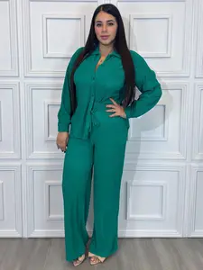 Harmony - Crinkled Plisse Loungewear Set Button-Down Shirt & Matching Bottoms Cozy Stylish Casual Outings for Autumn Long Sleeve Pajama Nightwear