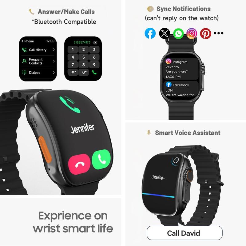 W&O Smart Watch with 2.02" Dial Wireless Calling Dialing 100+ Sport Modes Fitness Tracker with Various APP Reminders Call Message Reminder Touch Screen Compatible with iPhone Android Wearable Smart Bracelet Digital Wristwatch Fall Gift