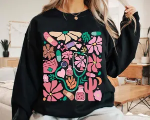 Vintage Boho Groovy Nurse Floral Sweatshirt, Healthcare Worker Tee, Cute Nurse Stethoscope Shirt, Giftfor Nurse, Nursing Life Tee, RN Pediatric Womenswear Breathable