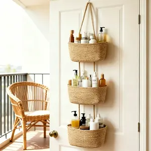 hree-Tier Wall-Mounted Woven Basket with Hook, Foldable Dustproof Storage, No Drilling Needed, Natural Rope Design, Hanging Baskets, Multi-Purpose Organizer, Collapsible Storage Baskets, Multipurpose Basket