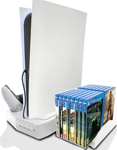 HEATFUN Playstation 5 Charger, PS5 Stand with Cooling Fan and Controller Charger, Vertical Stand for PS5 Disc & Digital Editions, PS5 Stand with USB Ports and Game Rack - White