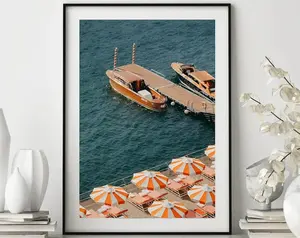 Stylish Wall Art Print - Beach - Ocean Print - Orange Umbrella - Home Decor - Printable Wall Art - Digital Download - Coastal Landscape . Retro Print Poster. Home Decoration. No Frame