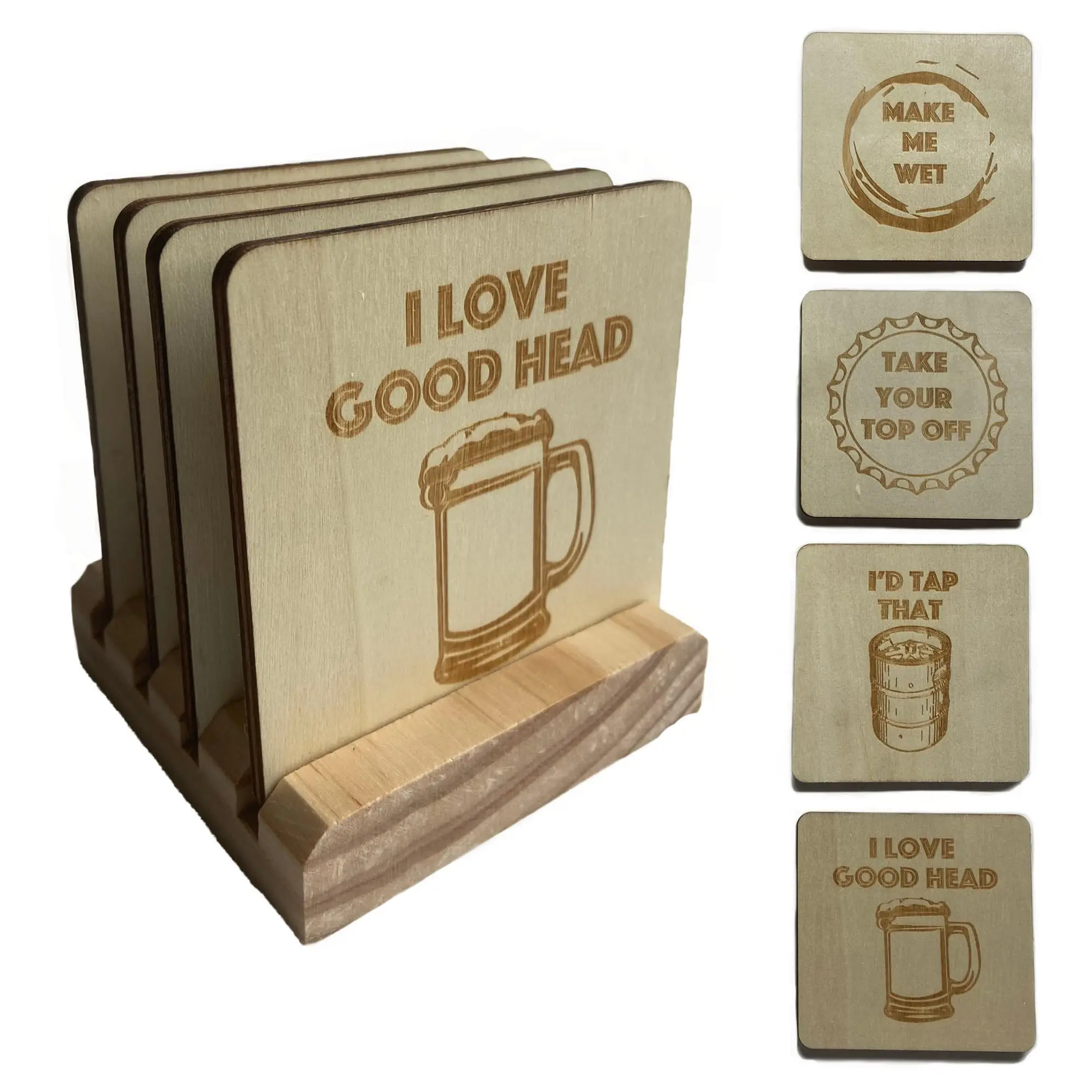 Funny Beer Themed Wooden Coasters with Holder Set of 4 Laser Engraved Rustic Bar Decor for Mancave Home Bar Gag Gift