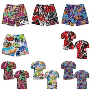 Youth Graffiti Matching Outfit - Cool Breathable Summer T-Shirt & Athletic Shorts 2-Piece Set for Basketball, Baseball,... Sportswear Gift