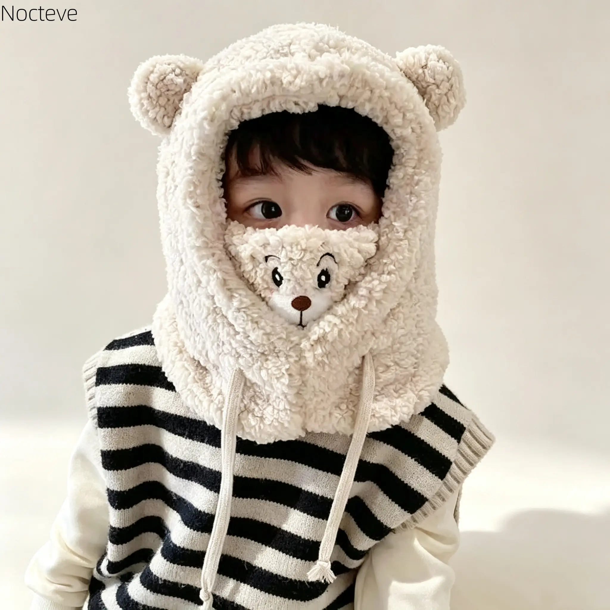 Unisex Anime Bear 3-in-1 Thermal Fleece Combo Set, Animal Beanie Hat, Scarf & Face Mask, Double Layer 100% Polyester Ear Warmer with Elastic Drawstring, Lightweight Hand Washable Cold Weather Headwear for Autumn Winter Daily Outfit & Christmas Gifts