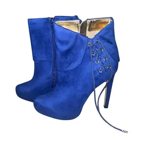 Thalia Sodi 6 - Blue Suede Ankle Boots with Zipper and Lace-Up Design for Women Footwear Girl