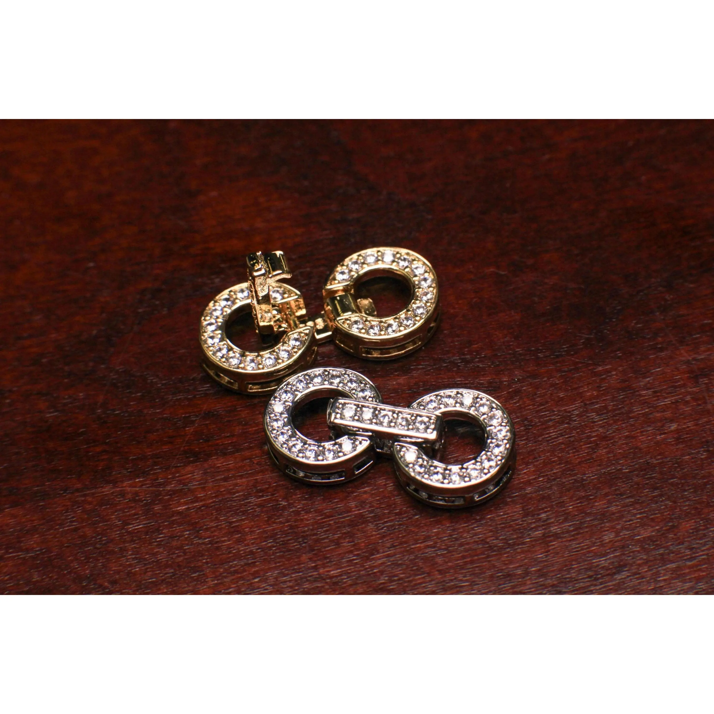 Cubic Zirconia CZ Micro Pave Rhodium Sterling Silver, Gold 2 Loop Diamond Style 11x23mm Circle Clasp, Clasp, High End Jewelry Folding Clasp