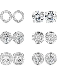 6 Pairs Silvery Shining CZ Stud Earrings for Women Men Glamorous Round CZ Earrings for Daily Wear Sparkling Cubic Zirconia Stainless Steel Earring Studs Jewelry Set
