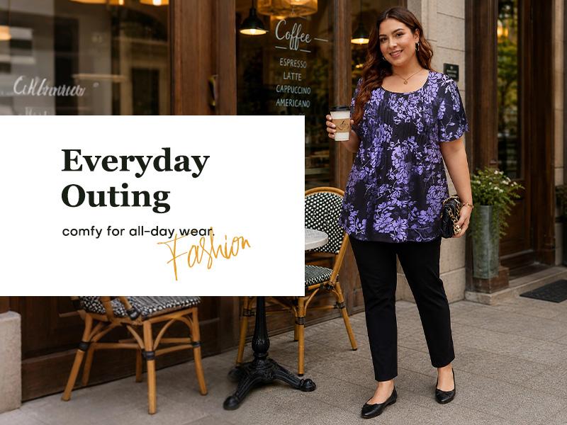 [1X-5X]Auciccoo Plus Size Tunic for Women Summer Tulip Short Sleeve Tunic Tops Scoop Neck Floral Printed Casual Soft Blouses Top Shirts Womenswear