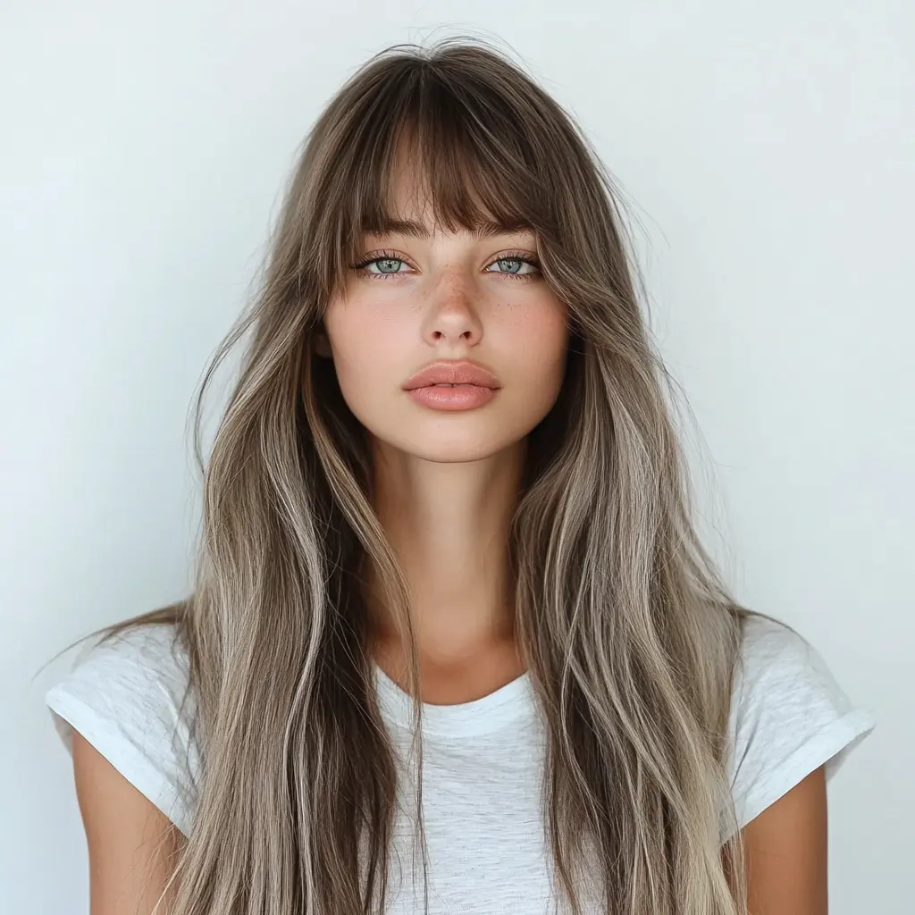 SMILCO/24-inch | Brown Highlight Straight Hair Synthetic Wig with Bangs/SM1216