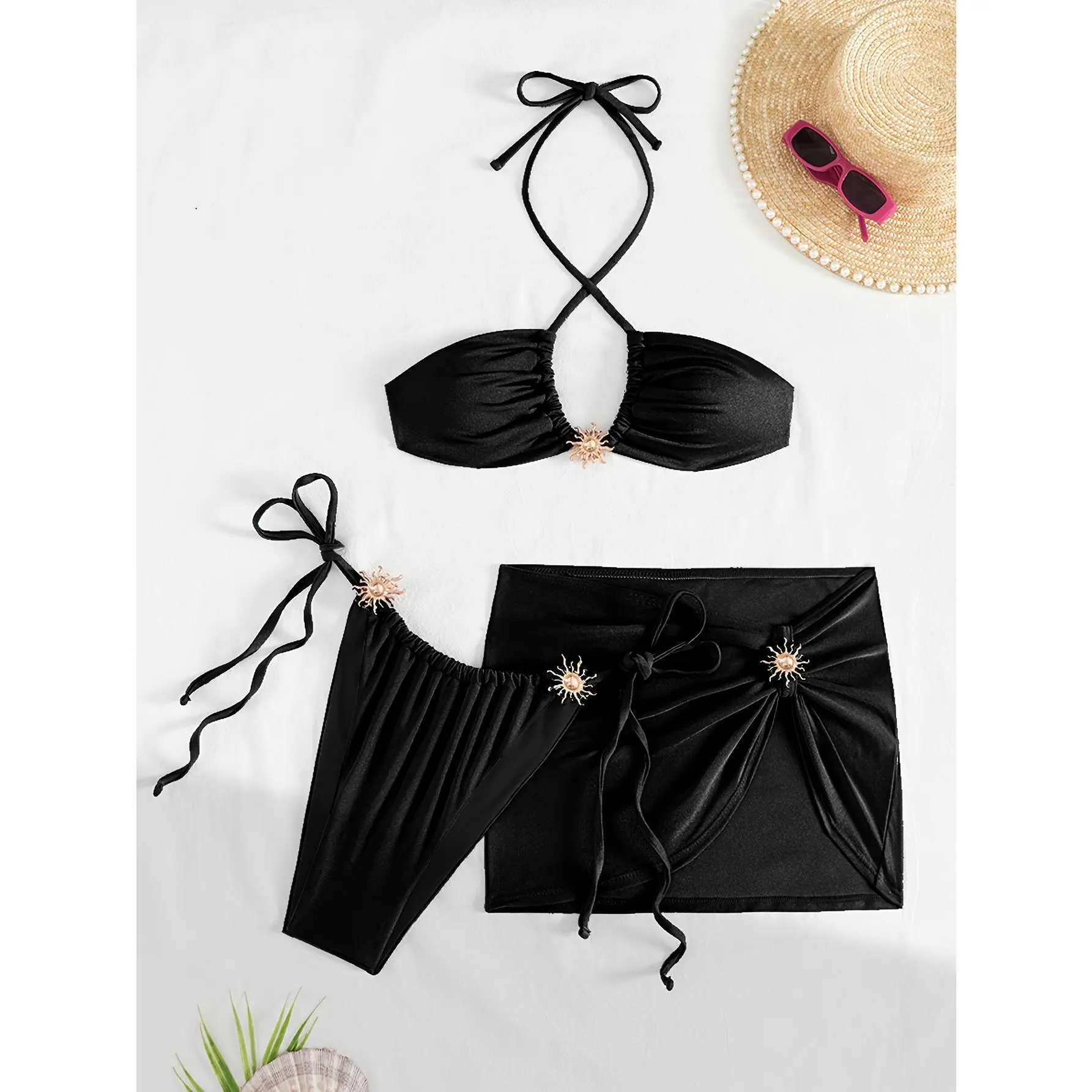 Women's Purple 2-Piece Bikini Outfit Variant - Halter Top, Tie-Side Wrap Skirt, Sexy Summer Swimwear for Beach Party, Resort Vacation