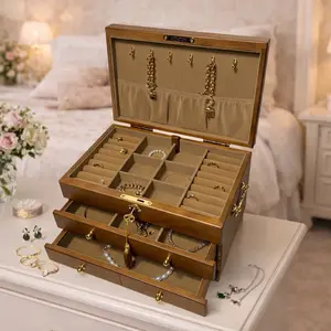 Wooden jewelry box with gang lock and key. Luxury large wood jewelry box. Wooden organizer jewelry storage box with lock
