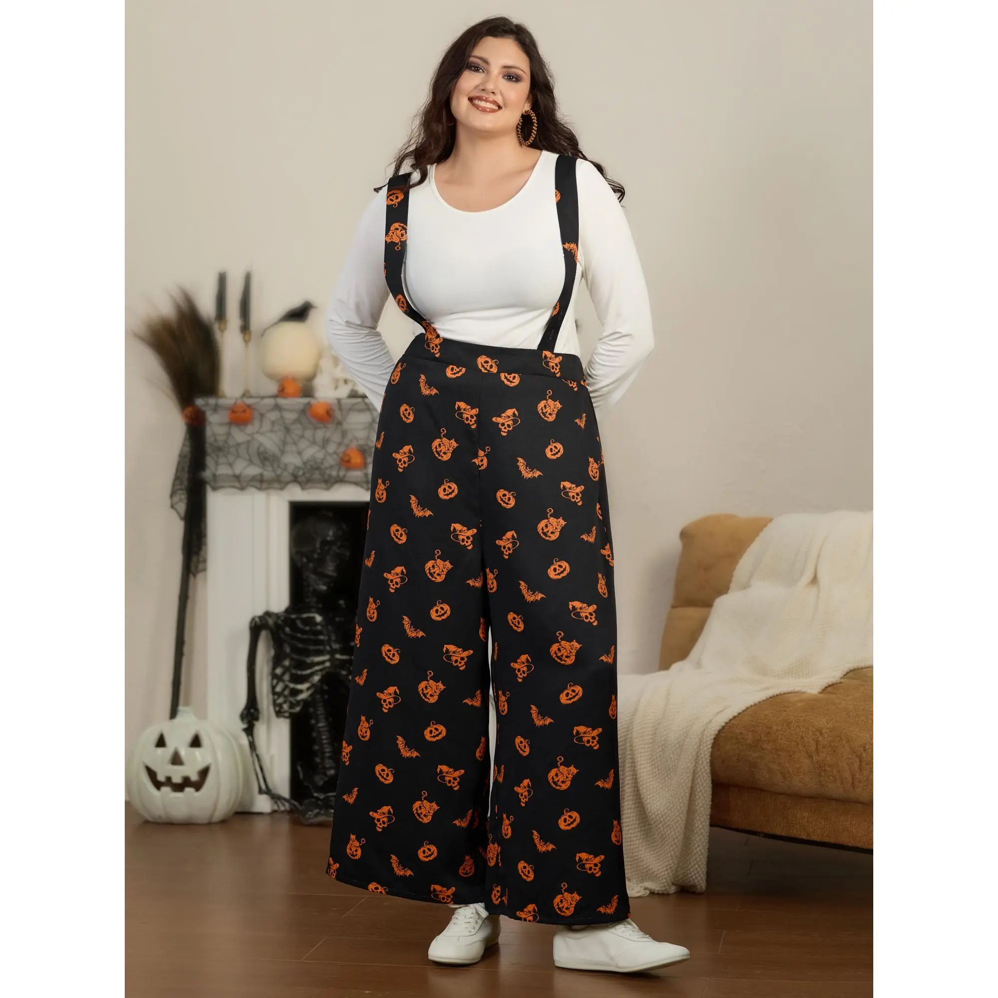 BloomChic Halloween Pumpkin Bat Cat Print Overalls Jumpsuit 【M-6XL】