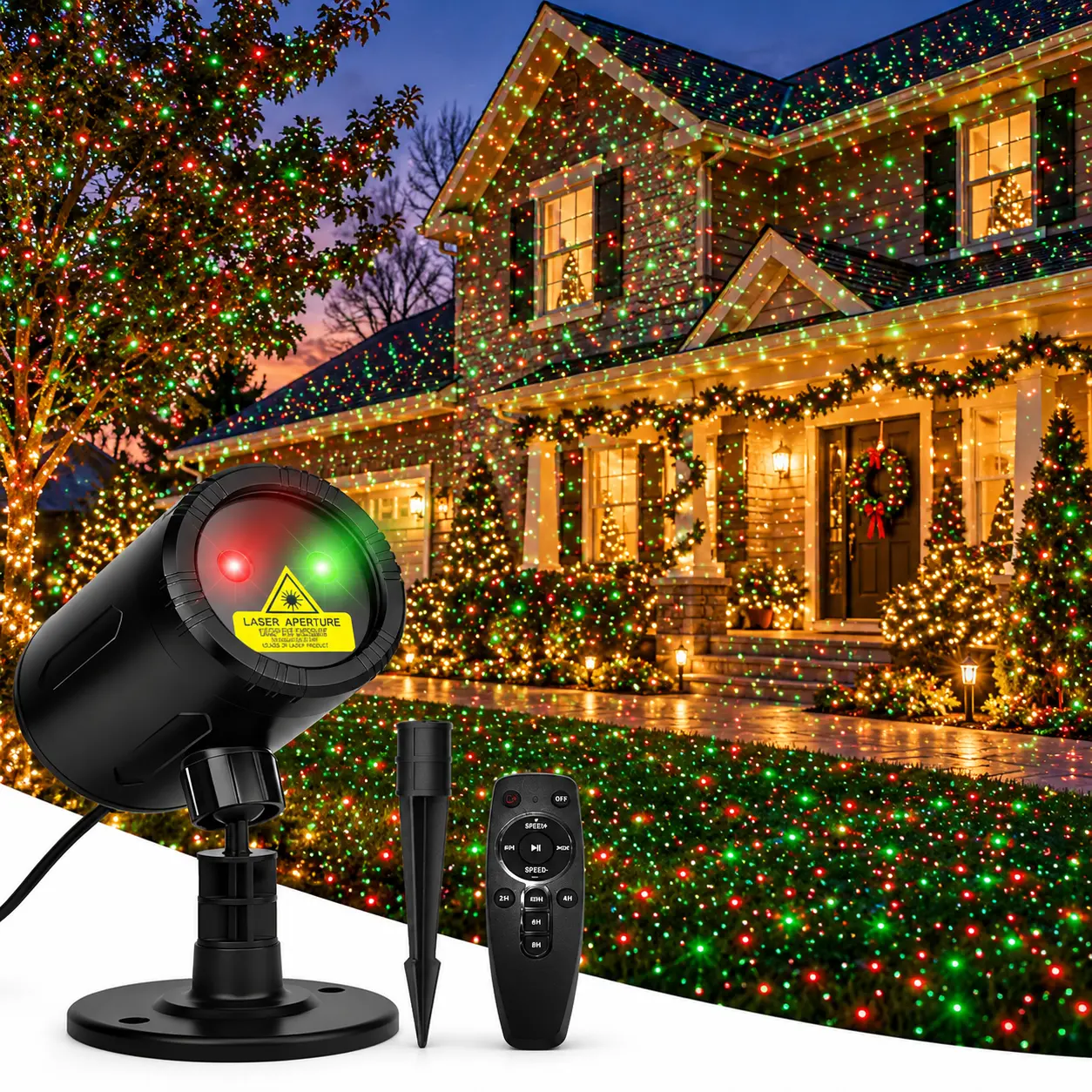 Outdoor Laser Projector Lights for Christmas & Halloween Decor, Red & Green Star Lights with Remote Control and Timer, Ground Stake & Mounting Base for Yard, Garden & Patio