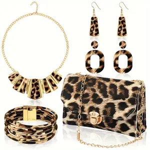 5 Pcs Women Leopard Jewelry Set Statement Leopard Clutch Purse Earring Leather Wrap Bracelets Tassel Pendant Necklace