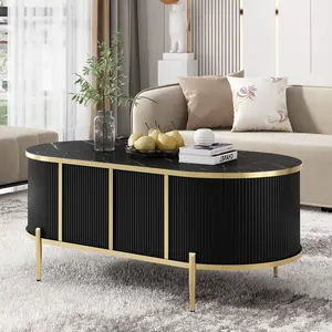 Modern Luxury Oval shaped Fluted Coffee Table, Marble-patterned Top Coffee Table with 2 Cabinets, Metal Legs and Handles for Living Room, Black