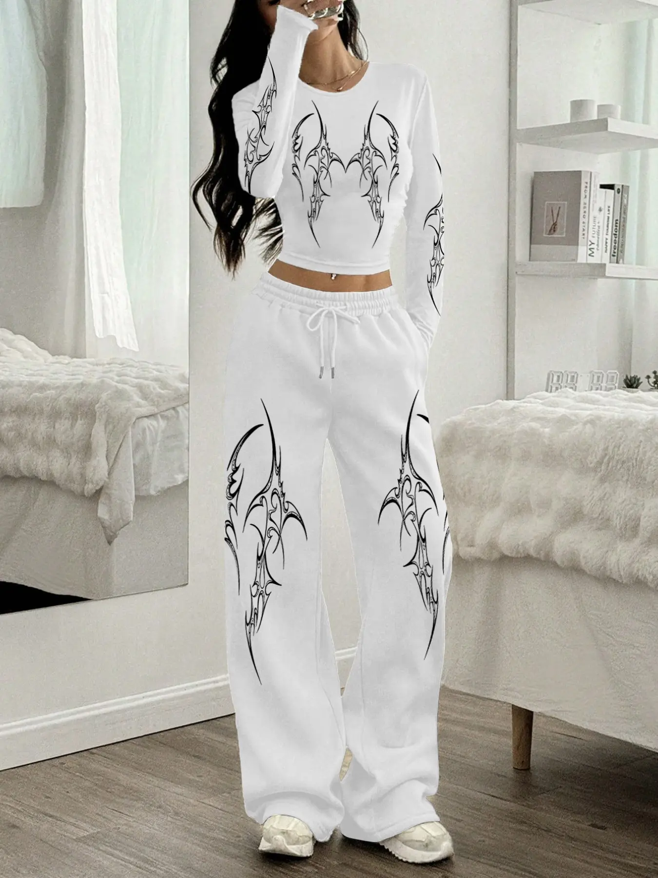 Gothic Graphic Pattern Drawstring Pocket Wide Leg Pants Set, Fitted Long Sleeve Top, Comfortable High Waist, Casual Spring & Fall Wear for Women