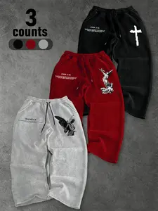 Men's Letter Angel Cross Print Drawstring Loose Pants, Adjustable Waist, Outdoor Sporty Long Pants, Straight Leg Casual Pants, All Seasons