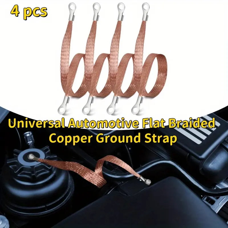 4PCS Universal Automotive Flat Braided Copper Ground Strap, 12" x 1/2" Professional Engine Grounding Cable Straps with Terminal Plugs,Vehicle Ground Strap, Tinned Copper Grounding Strap Wire for Cars