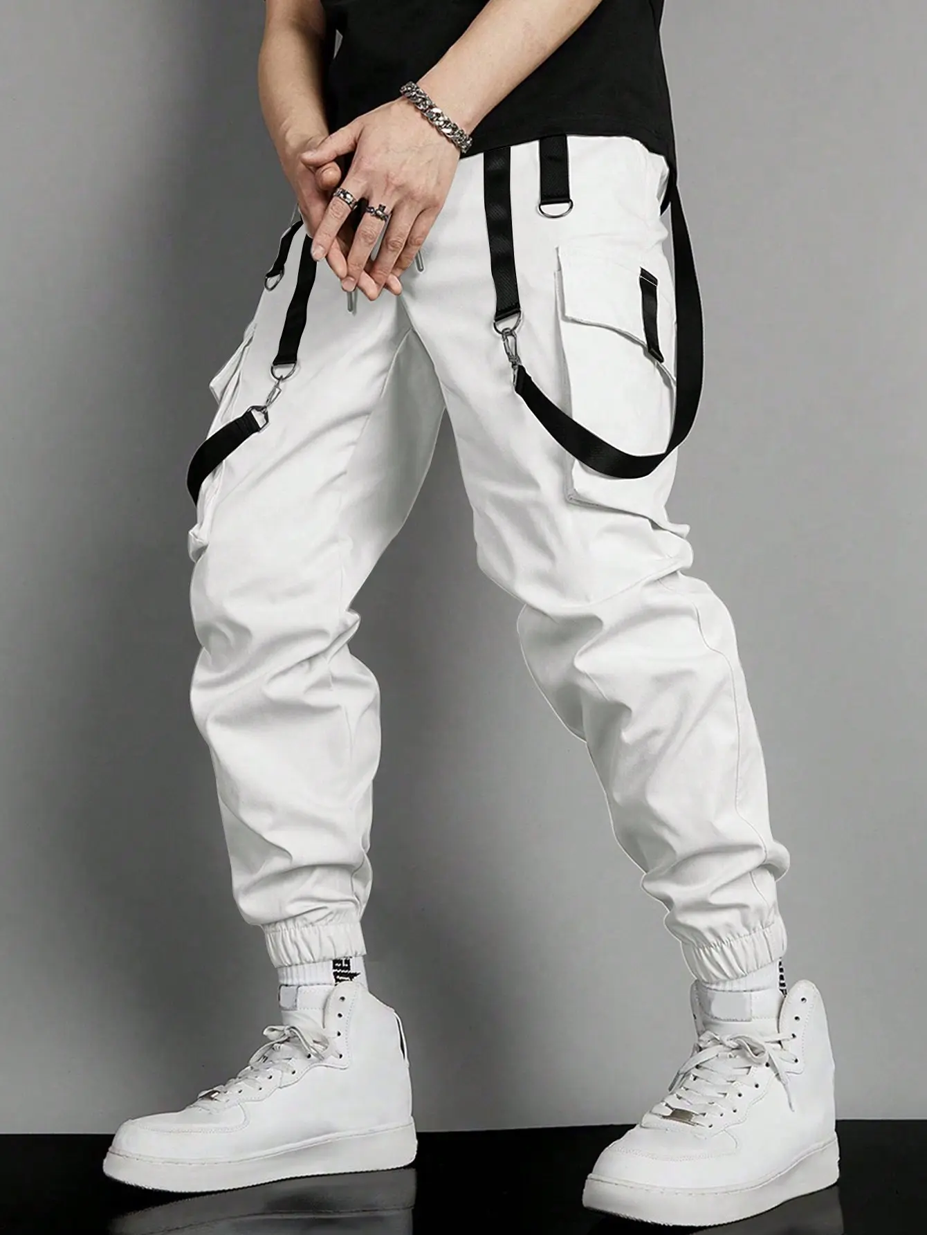 Men’s White Techwear Cargo Joggers - Monochromatic, Relaxed, Uncuffed, Alt-Fashion, Loose-Fitted Menswear Pants with Black Straps, Utility Pockets for Edgy Streetwear, Monochromatic Men's Pants, Relaxed Men's Pants