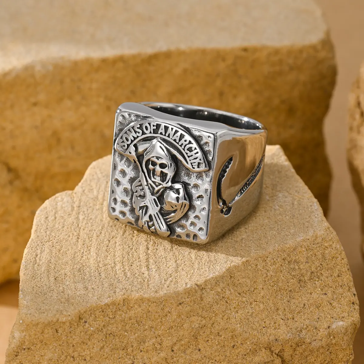 Gothic Death God Skull Graphic Anti-Rust Steel Ring - Retro Square Gothic Print Gunmetal Ring, Party Gift, Boyfriend Gift, Gothic Print Rings, Skull Graphic Rings