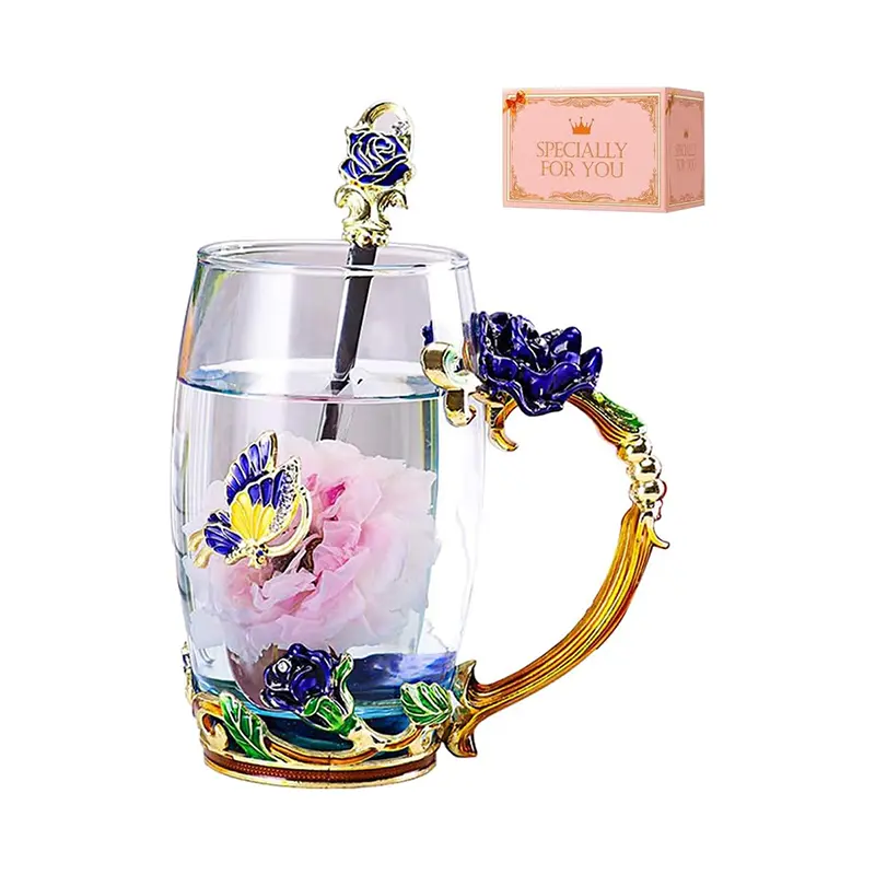 Unique Blue Personalized Tea Mug With Spoon Set & Flower Decoration - Kitchenware Drinkware Cup, Coffee Glass Gift for Mom, Top 1-2 Occasion Gifts for Girlfriends Who Has Everything, Elegance