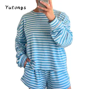 Women 2 Piece Striped Shorts Set Casual Long Sleeve Tops and Elastic Waist Shorts for Spring Fall SpringStatements