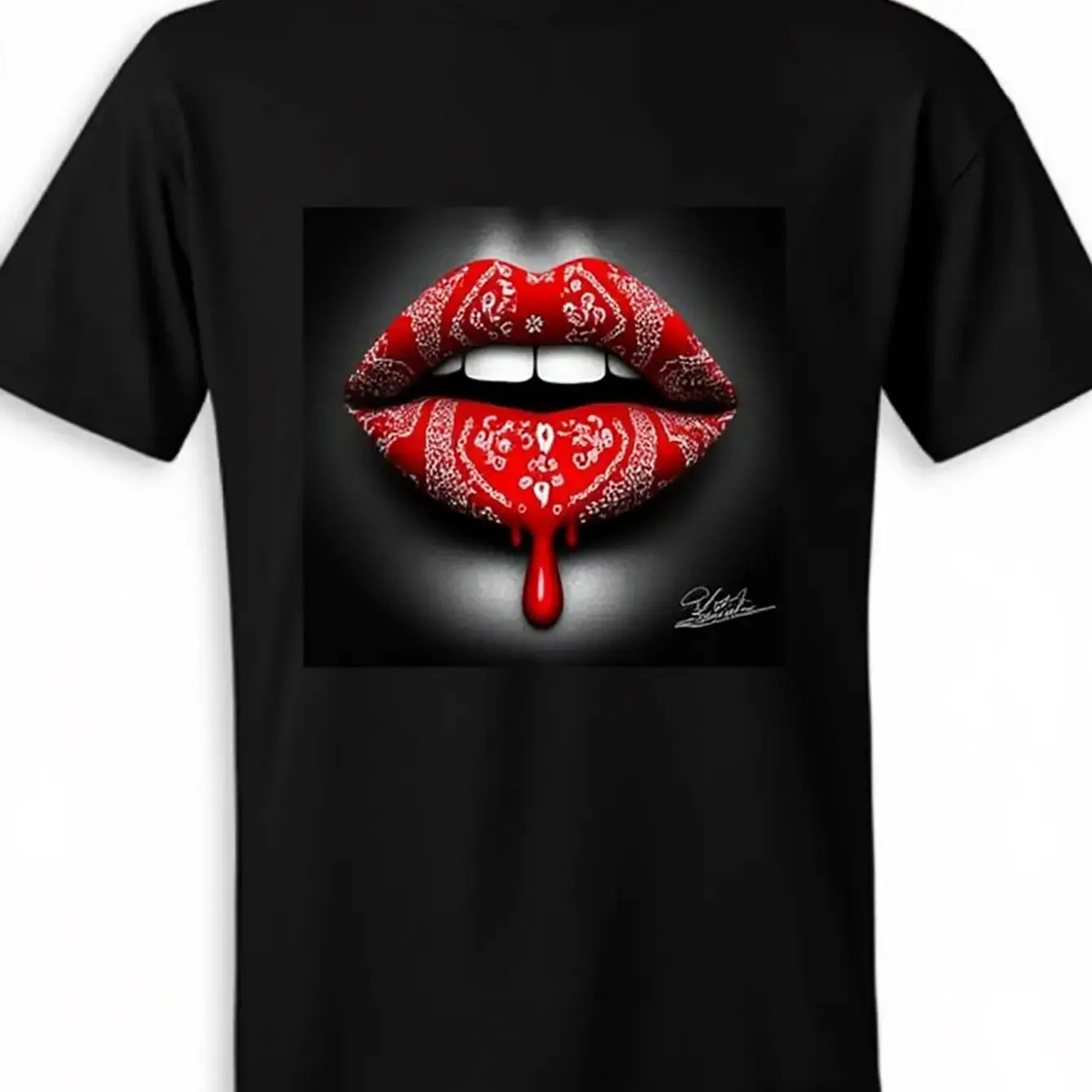 Men's Black 100% Cotton Red Lips & Bandana Graphic T-Shirt - Bold White Drip Lip Print, Paisley & Paisley Lip Design, Regular Fit Crew Neck Short Sleeve Casual Summer Tee for Men, Edgy Statement Shirt for Parties & Casual Attire, Soft Premium Quality