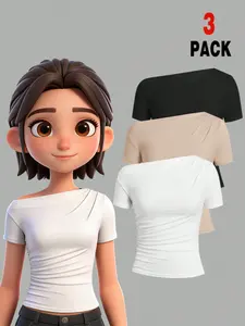 3-Piece Set Teenage Solid Color Asymmetrical Short Sleeve Tops, Elegant Casual Style, Lazy Fashion, Girl's Gift, Easter