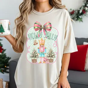 Holly Jolly Nutcracker Bow Comfort Colors T Shirt Christmas Tee Holiday Graphic Shirt Festive Womenswear Top