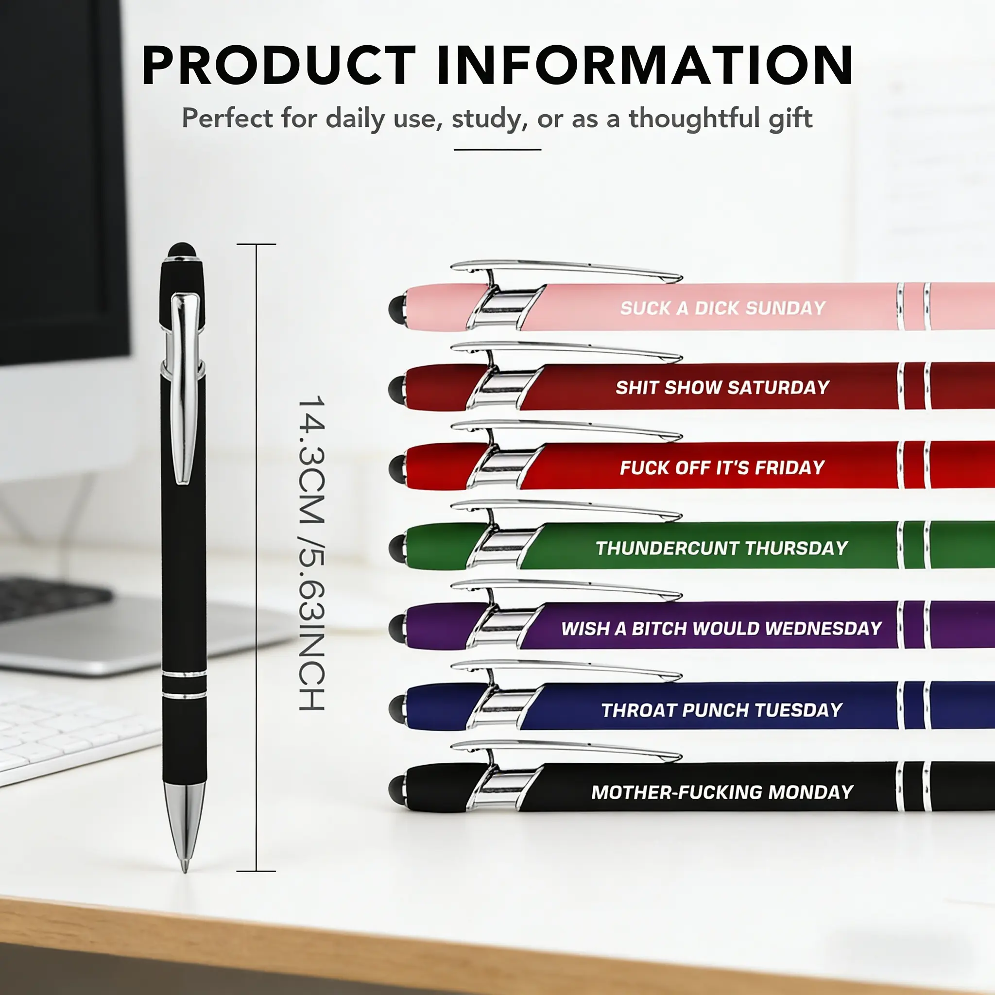 [FathersDayGift ]7-Pack Retractable Metal Alloy Ballpoint Writing Pens - Smooth Writing Pens with Stylus Tip for Touchscreens, Sarcastic Swear Word & Funny Phrases Daily Quote Set, Office School Supplies for Coworker Gifts, Writing Pen, Smooth Writing Pen