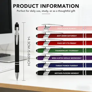 7-Pack Funny Weekday Ballpoint Pens with Stylus Tip, Sarcastic Swear Word Retractable Pens, Humorous Daily Phrase Pens for Office, School, and Coworker Gifts