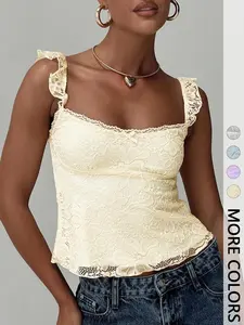 This Lace Cami is Date Night Perfect  Ruffled Square Neck Cropped Top Valentine Womenswear