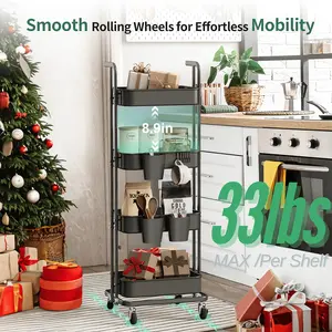 4 Tier Foldable Rolling Cart, Metal Utility Cart With Lockable Wheels, Christmas Decorations, Folding Storage Trolley For Living Room, Kitchen, Bathroom, Bedroom And Office, Exclusive Fold, Only Here