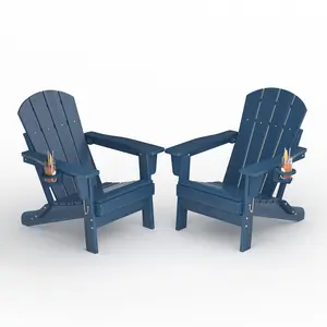 Folding Adirondack Chair Set of 2, HDPE Outdoor Patio Chair with Cup Holder, All Weather Resistent Wooden Textured for patios, Decks, Gardens, fire Pit, Navy Blue