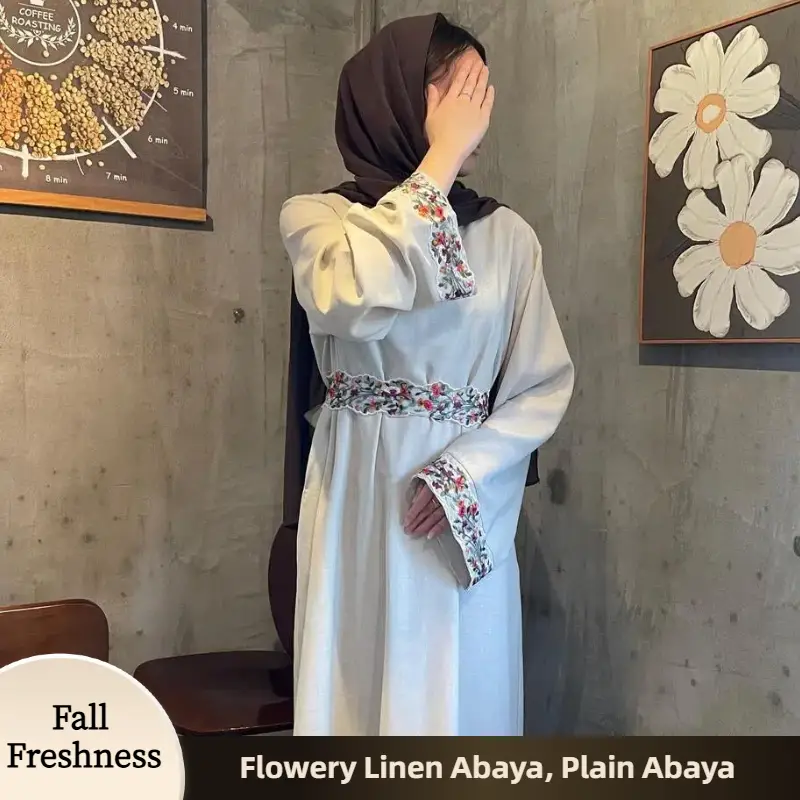 【FallFreshness】 CL23 Flowery Linen Abaya Chic Fit Polyester Fabric Soft Comfortable Modest Dress for Muslim Women Beige Summer, Fashionweek