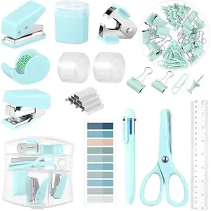 Mini Office Supplies, Turquoise Green School Supplies with Sticky Notes,Mini Stapler,Tape Dispenser,Hole Punch,Staple Remover,Staples,Clips,Scissor,Pen
