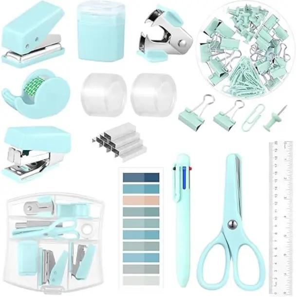Mini Office Supplies, Turquoise Green School Supplies with Sticky Notes,Mini Stapler,Tape Dispenser,Hole Punch,Staple Remover,Staples,Clips,Scissor,Pen, Classroom Restock Supplies