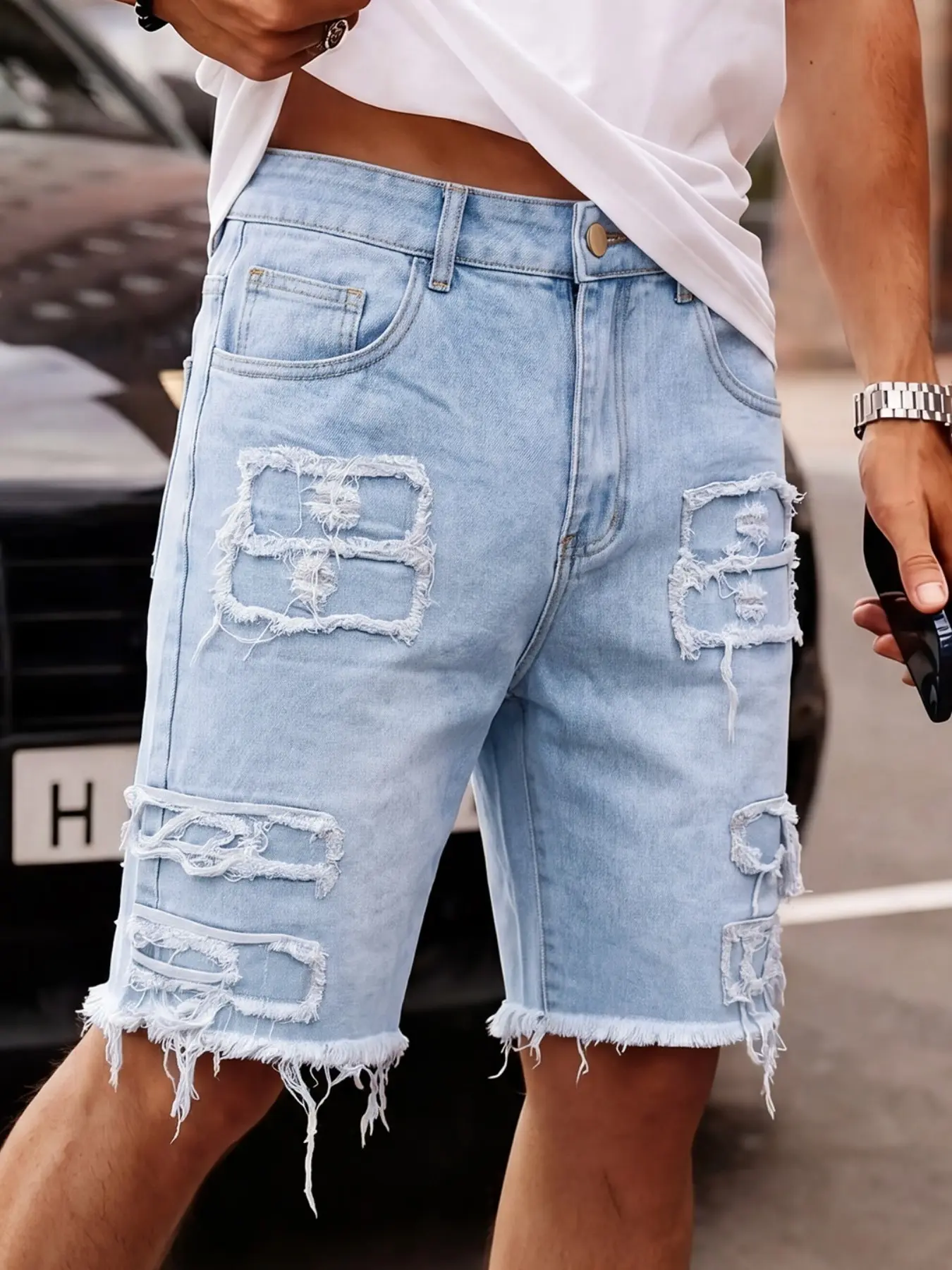 Men's Light Blue Distressed Casual Ripped Jeans Shorts Pocket, Frayed Edge Washed Vintage Five-Quarter Pants, Street Style Streetwear Loose Straight Leg Denim Jeans Aesthetic