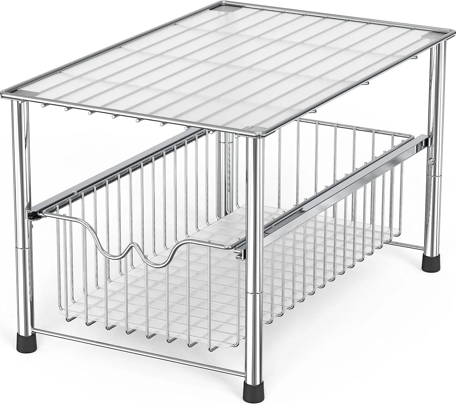 Stackable Under Sink Organizer with Sliding Basket, Chrome