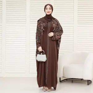 Luxury Rhinestone Zipper Abaya Dress with Built-In Belt & Hidden Snap Cuffs Modest Maxi Dress with Pockets NCS020 in Coffee Brown