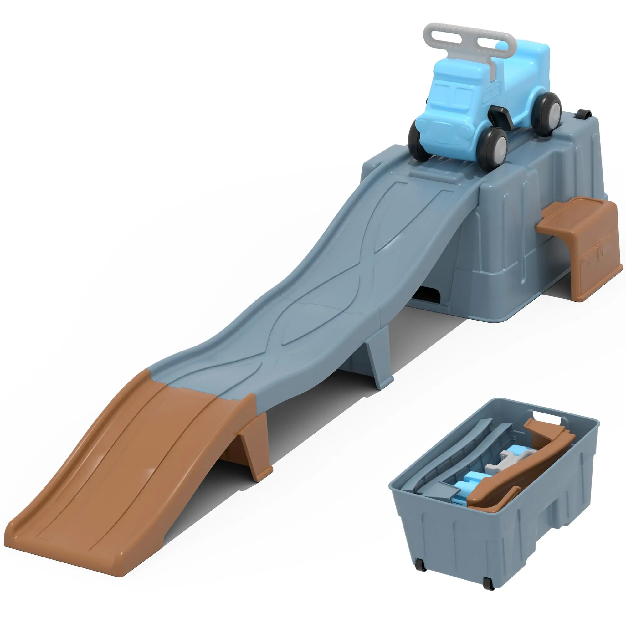 Up & Down Roller Coaster，Kids Ride On Toy，Toddler Push Car with Assembled Race Track & Storage Base Box, Indoor Outdoor Playset