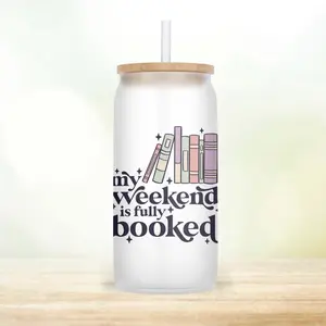 Book Beer Can Glass | Custom Coffee Cup | Books Coffee Cup | Iced Coffee Cup | Retro Book Coffee Glass | Glass Cup with Lid and Straw Drinkware Handmade Matte Bamboo