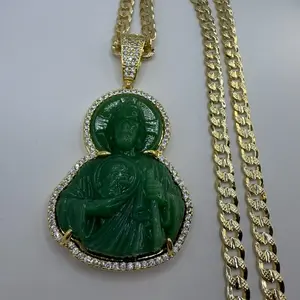 Gold Plated San Judas Tadeo Big Pendant Necklace 24" Diamantada Cuban Chain Eye-Catching Design Costume Jewelry Durable Long-Lasting