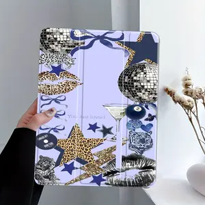 Y2K Disco Ball & Leopard Print iPad Case,Blue Bow Protective Cover with Trifold Stand & Auto Wake/Sleep,Pencil Slot & Charger Port,Transparent Acrylic Hard Back,Fits iPad 7.9/8.3/10.2/10.5/10.9/11/12.9 13 inch,Shock-resistant Full Cover Protective Case