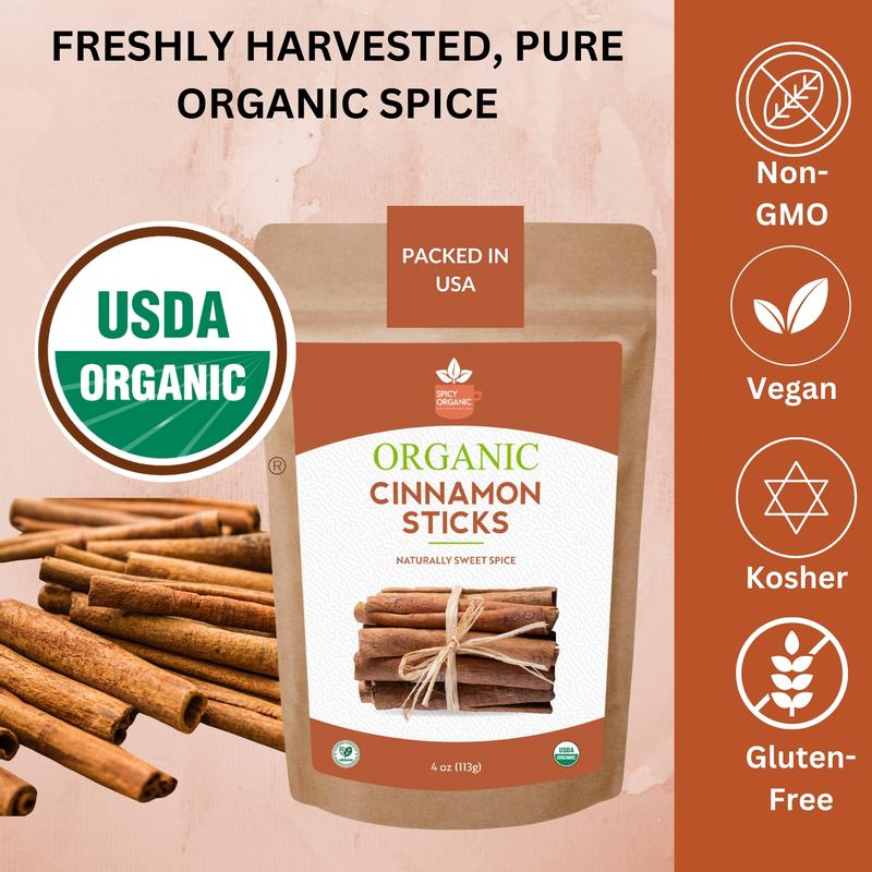 SPICY ORGANIC Ceylon Cinnamon Sticks 4 oz – True Cinnamon Quills from Sri Lanka, 3.5" Premium Ceylon Cinnamon, USDA Certified Organic, Perfect for Recipes, Crafts & Holiday Drinks – Cinnamomum Verum