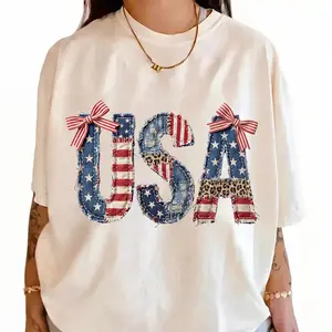 Comfort Colors® Patriotic USA T-Shirt, Patchwork American Flag Bow Tee, Coquette Distressed Denim Graphic Shirt